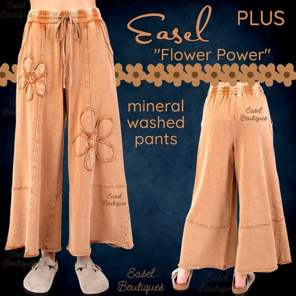 EASEL “Flower Power” Mineral Washed Pants Wide Leg Cozy Relax Fit Raw Seams Hems - Picture 1 of 14